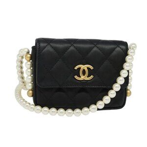 CHANEL Matelasse Pearl Shoulder Bag Lamb Skin Black Gold CC Auth 124901